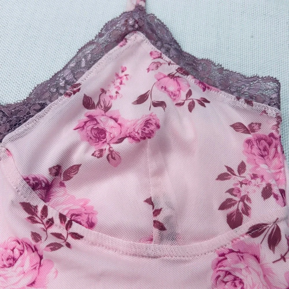 Pink Floral‎ Slip Dress Small Lace Trim Chemise Lingerie Nightgown Y2K Coquette